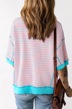 Cargar imagen en el visor de la galería, Sky Blue Stripe Oversized Contrast Trim Exposed Seam High Low T Shirt
