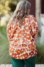 Load image into Gallery viewer, Orange Plus Size Floral Print Drawstring V Neck Short Sleeve Blouse
