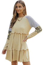 将图片加载到图库查看器，Khaki Striped Leopard Patchwork Long Sleeve Mini Dress
