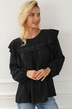 将图片加载到图库查看器，Black Lace Eyelet Ruffle Shoulder Long Sleeve Blouse
