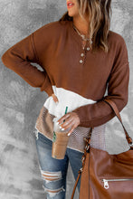 将图片加载到图库查看器，Brown Splicing Buttoned Knitted Long Sleeve Sweater
