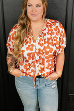 Load image into Gallery viewer, Orange Plus Size Floral Print Drawstring V Neck Short Sleeve Blouse
