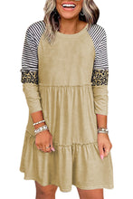 将图片加载到图库查看器，Khaki Striped Leopard Patchwork Long Sleeve Mini Dress
