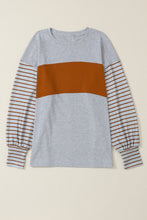 将图片加载到图库查看器，Gray Colorblock Striped Bishop Sleeve Top
