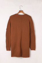 将图片加载到图库查看器，Brown Open Front Woven Texture Knitted Cardigan with Pockets
