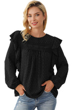 将图片加载到图库查看器，Black Lace Eyelet Ruffle Shoulder Long Sleeve Blouse
