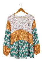 Load image into Gallery viewer, Green Color Block Floral Print Loose Blouse
