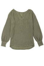 将图片加载到图库查看器，Green Waffle Knit Split Neck Pocketed Loose Top
