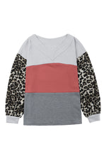 将图片加载到图库查看器，Fiery Red Wild Leopard Contrast Sleeve Colorblock Waffle Knit Top
