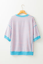 Cargar imagen en el visor de la galería, Sky Blue Stripe Oversized Contrast Trim Exposed Seam High Low T Shirt
