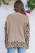 将图片加载到图库查看器，Khaki Leopard High Neck Side Slit Oversized Sweater
