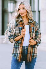 将图片加载到图库查看器，Brown Plaid Color Block Buttoned Shirt with Pockets
