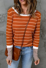 将图片加载到图库查看器，Brown Extend Color Block Cuffs Rib Knit Striped Pullover
