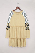 将图片加载到图库查看器，Khaki Striped Leopard Patchwork Long Sleeve Mini Dress
