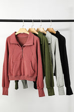 将图片加载到图库查看器，Green Fleece Lined Zip Up Stand Collar Thumbhole Sleeve Sweatshirt
