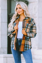 将图片加载到图库查看器，Brown Plaid Color Block Buttoned Shirt with Pockets
