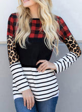 Load image into Gallery viewer, Plaid Print Leopard Splicing Striped Color Block Long Sleeve Top
