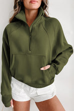 将图片加载到图库查看器，Green Fleece Lined Zip Up Stand Collar Thumbhole Sleeve Sweatshirt
