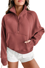 Load image into Gallery viewer, Brown Fleece Lined Zip Up Stand Collar Thumbhole Sleeve Sweatshirt
