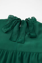 将图片加载到图库查看器，Green Puff Sleeve Mock Neck Back Knot Tiered Dress
