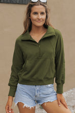 Cargar imagen en el visor de la galería, Green Fleece Lined Zip Up Stand Collar Thumbhole Sleeve Sweatshirt
