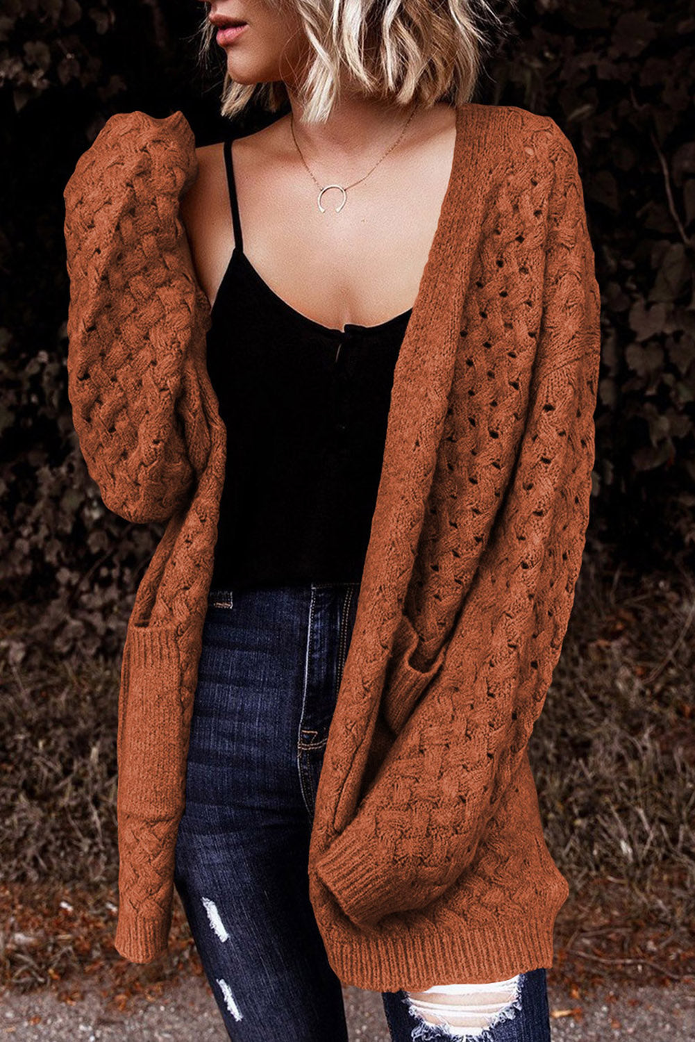 Brown Open Front Woven Texture Knitted Cardigan with Pockets