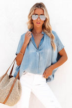 Load image into Gallery viewer, Sky Blue Split V Neck Oversized Denim Blouse
