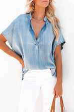 Load image into Gallery viewer, Sky Blue Split V Neck Oversized Denim Blouse
