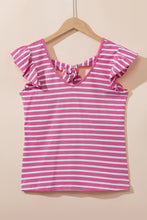 将图片加载到图库查看器，Pink Stripe Butterfly Sleeve V Neck Hollowed Knot Back T Shirt
