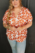 Load image into Gallery viewer, Orange Plus Size Floral Print Drawstring V Neck Short Sleeve Blouse
