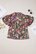 将图片加载到图库查看器，Green V Neck Short Bubble Sleeve Paisley Blouse
