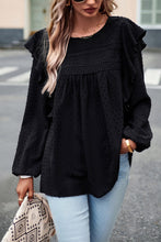 将图片加载到图库查看器，Black Lace Eyelet Ruffle Shoulder Long Sleeve Blouse
