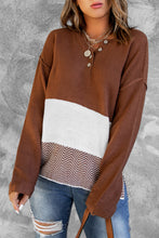 将图片加载到图库查看器，Brown Splicing Buttoned Knitted Long Sleeve Sweater
