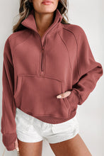 将图片加载到图库查看器，Brown Fleece Lined Zip Up Stand Collar Thumbhole Sleeve Sweatshirt
