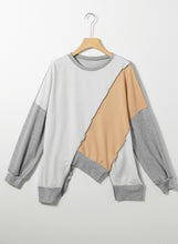 将图片加载到图库查看器，Light French Beige Colorblock Stitching Irregular Hem Long Sleeve Top
