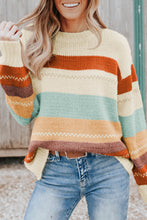 将图片加载到图库查看器，Crew Neck Drop-shoulder Striped Color Block Sweater
