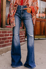 Load image into Gallery viewer, Sky Blue Button Fly Ripped High Waist Flare Jeans
