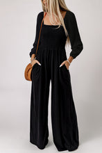 将图片加载到图库查看器，Black Smocked Square Neck Long Sleeve Wide Leg Jumpsuit
