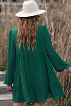 将图片加载到图库查看器，Green Puff Sleeve Mock Neck Back Knot Tiered Dress
