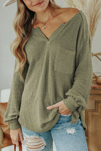 将图片加载到图库查看器，Green Waffle Knit Split Neck Pocketed Loose Top
