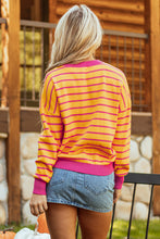 Load image into Gallery viewer, Orange Stripe Trimmed Round Neck Drop Shoulder Loose Sweater
