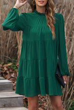 将图片加载到图库查看器，Green Puff Sleeve Mock Neck Back Knot Tiered Dress
