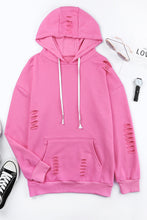 Load image into Gallery viewer, Pink Solid Ripped Hooded Sweatshirt with Kangaroo Pocket
