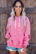 Load image into Gallery viewer, Pink Solid Ripped Hooded Sweatshirt with Kangaroo Pocket
