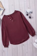 Load image into Gallery viewer, Wine Buttoned V Neck Cotton Loose Fit Top
