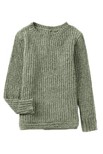 将图片加载到图库查看器，Green Long Sleeve Round Hem Cable Knit Sweater
