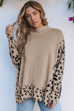 将图片加载到图库查看器，Khaki Leopard High Neck Side Slit Oversized Sweater
