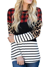 Load image into Gallery viewer, Plaid Print Leopard Splicing Striped Color Block Long Sleeve Top
