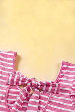 将图片加载到图库查看器，Pink Stripe Butterfly Sleeve V Neck Hollowed Knot Back T Shirt
