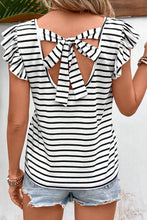 将图片加载到图库查看器，Pink Stripe Butterfly Sleeve V Neck Hollowed Knot Back T Shirt
